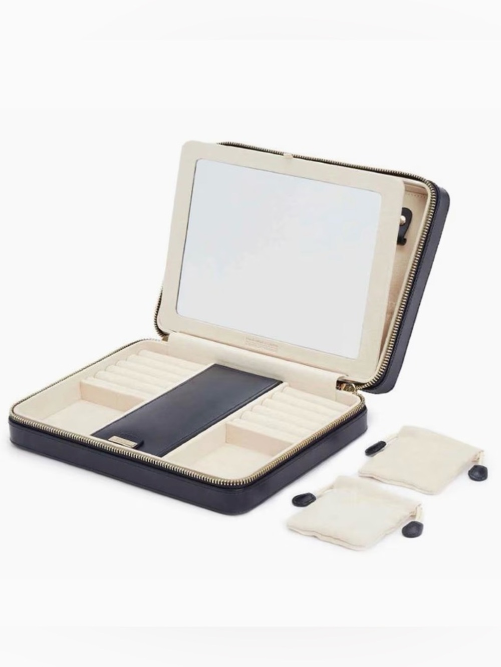 WOLF Navy Leather Jewelry Case with Gold Logo - Picture 3 of 6